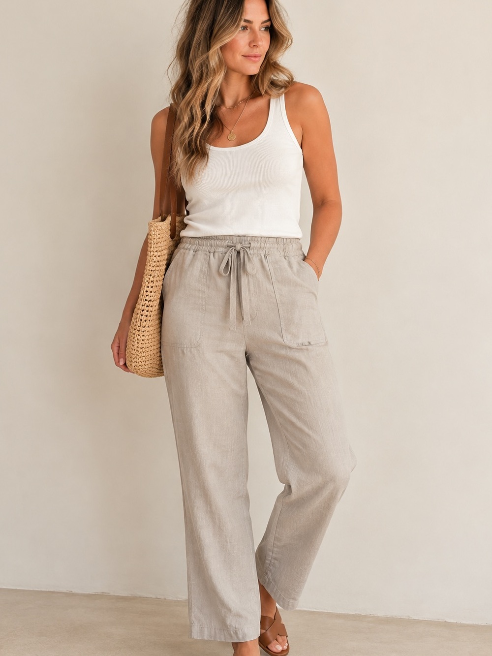Sportscraft Rosa Linen Blend Relaxed Drawstring Pants Beige Size 14